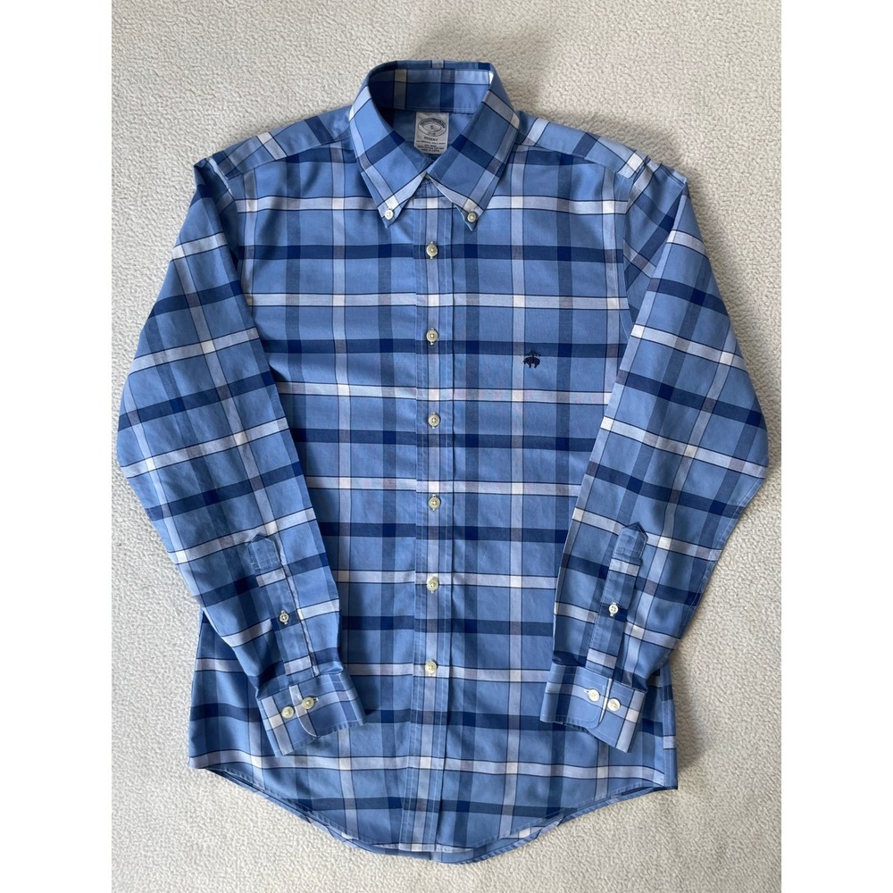 Brooks Brothers Mens Small Button Down Shirt Blue Plaid Regent Non-Iron Cotton